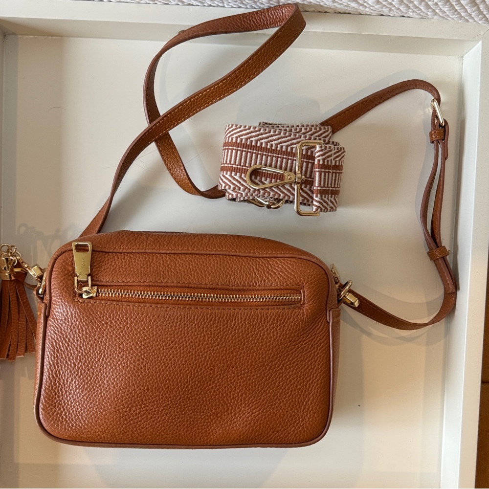 POM POM London Tan City Bag with Tassel & Extra Strap